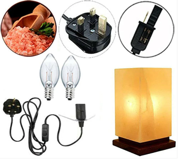 r3 Himalayan Rectangular Shape Crystal Salt Lamp UK Switch Cable +2 FREE Bulbs Mother's Day Gift