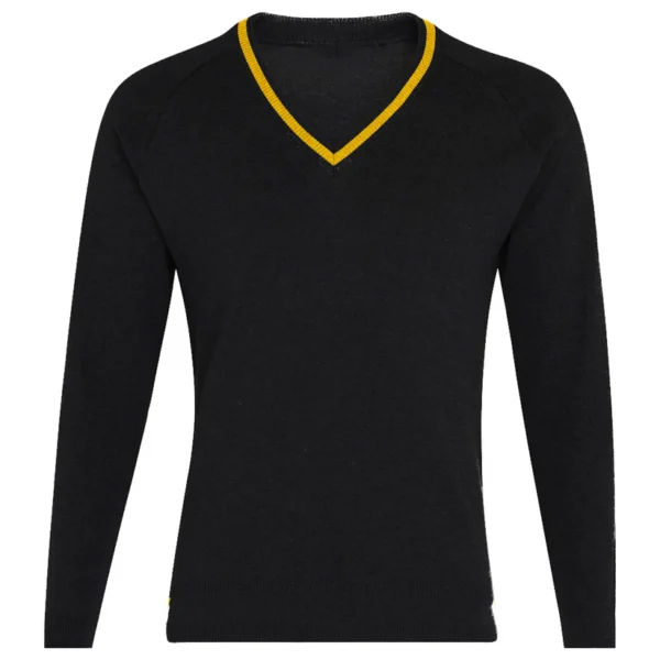 GREY-YELLOW-STRIPE-FRONT-LORES (1) Park High V Neck Jumper 100% Cotton