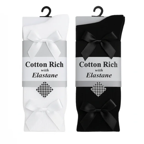 3 Pairs Knee High Bow Socks Black & White